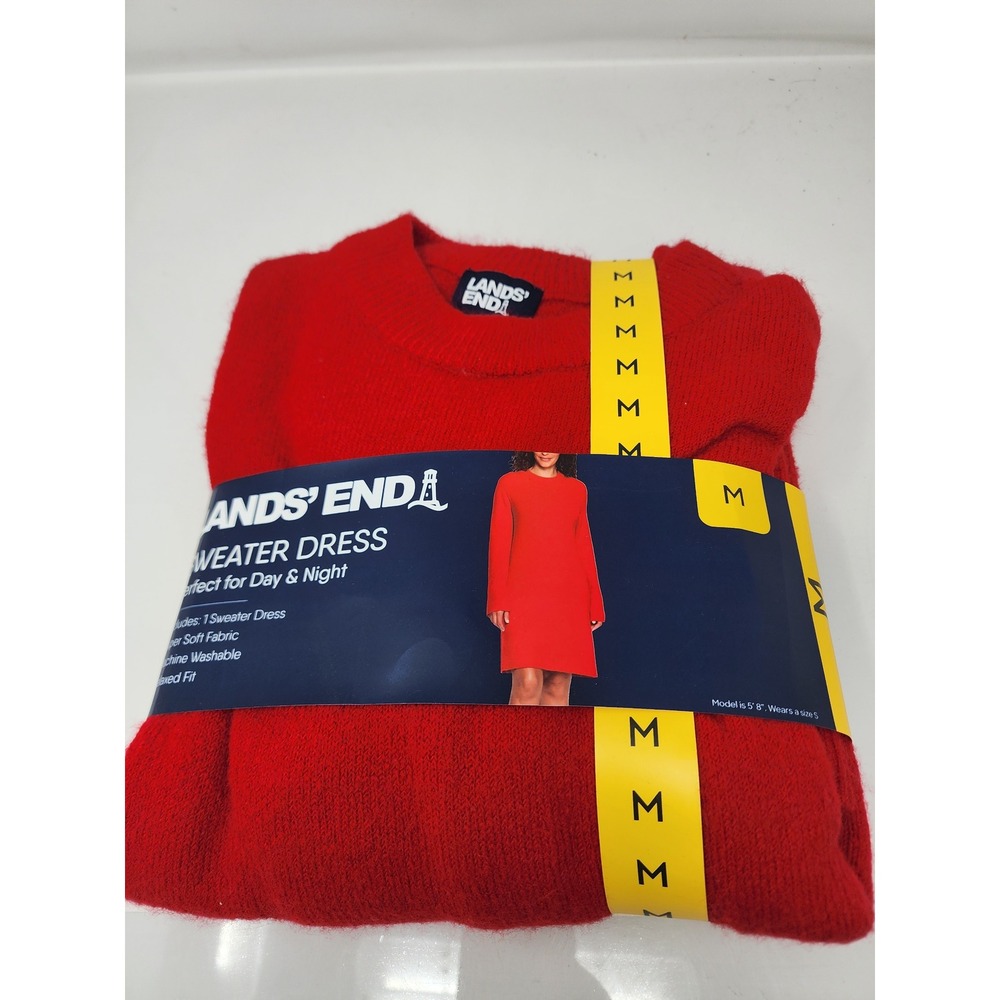 Lands' End Womens Crew Neck Sweater Dress Red Acrylic Blend Casual Size Medium